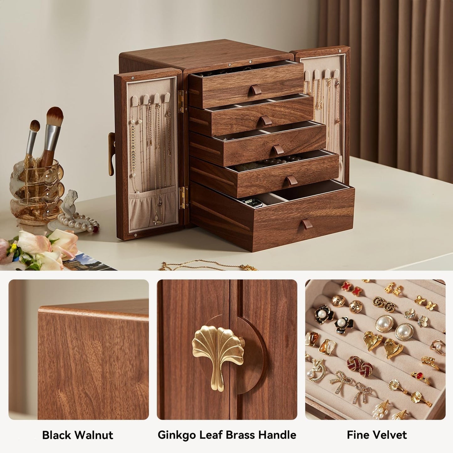 Homruilink Wooden Jewelry Box 5 Layer Black Walnut Large Jewelry Organizer with Brass Handle for Necklaces Rings Earrings Watches Storage, Fathers Day Gift (7.9x8.7x10.0inches)