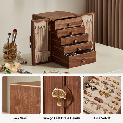 Homruilink Wooden Jewelry Box 5 Layer Black Walnut Large Jewelry Organizer with Brass Handle for Necklaces Rings Earrings Watches Storage, Fathers Day Gift (7.9x8.7x10.0inches)
