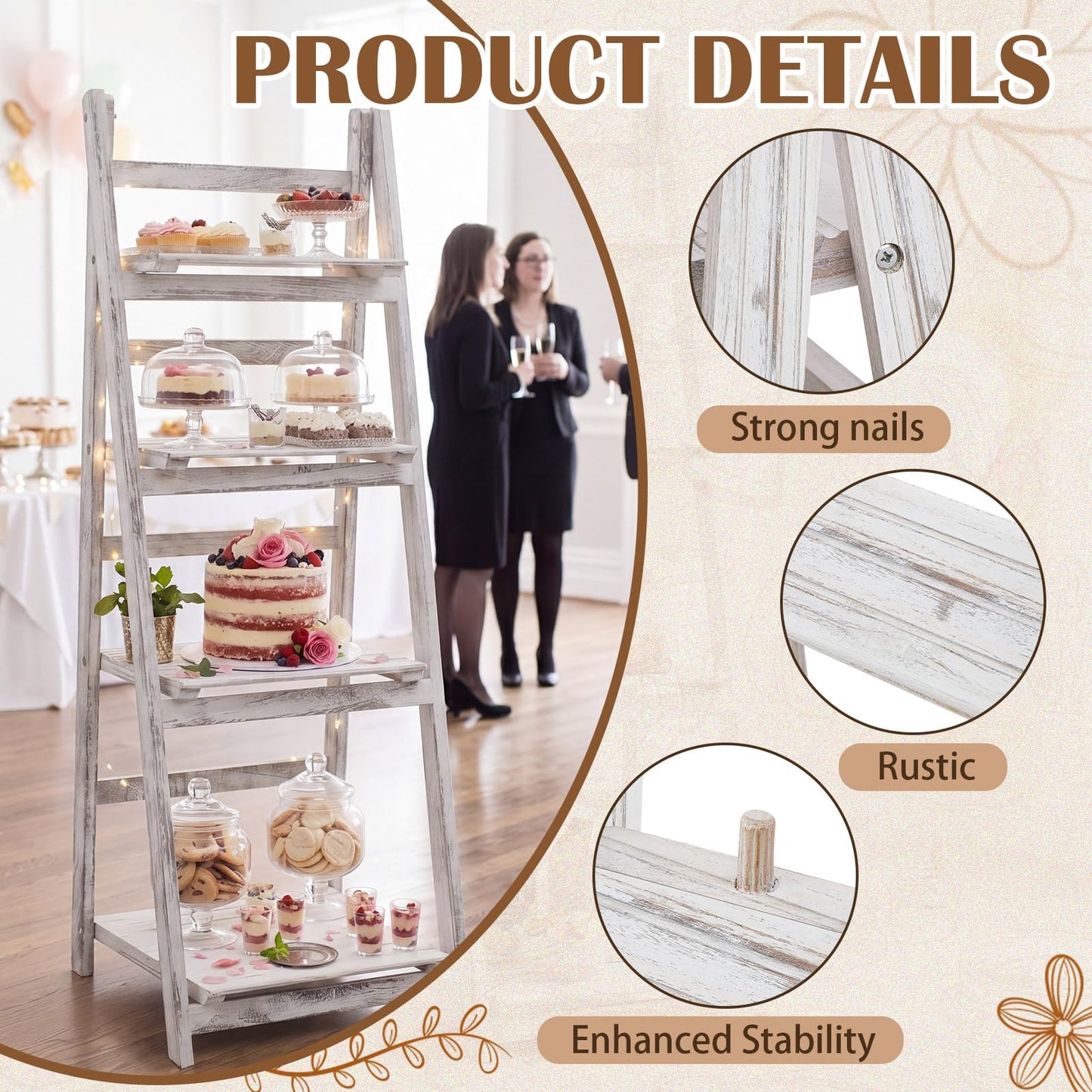 Sintuff White Wooden 4-tier Foldable Ladder Shelf, Sturdy Dessert & Snack Display Stand for Birthday Party & Wedding, Indoor Stand Corner Storage Bookshelf, Rustic Storage Rack, No Tool Assembly