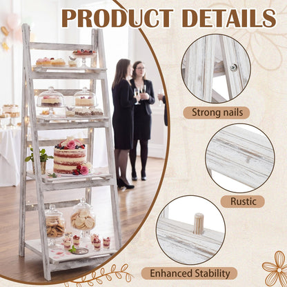 Sintuff White Wooden 4-tier Foldable Ladder Shelf, Sturdy Dessert & Snack Display Stand for Birthday Party & Wedding, Indoor Stand Corner Storage Bookshelf, Rustic Storage Rack, No Tool Assembly