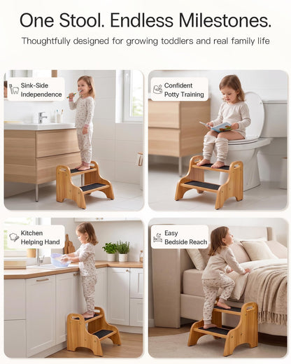 StrongTek Wooden 2 Step Stool, Non-Slip Surface with Handles, 350 lb Capacity, Compact Step Stools for Bathroom, Kitchen, Bedroom and Home Use (Natural)