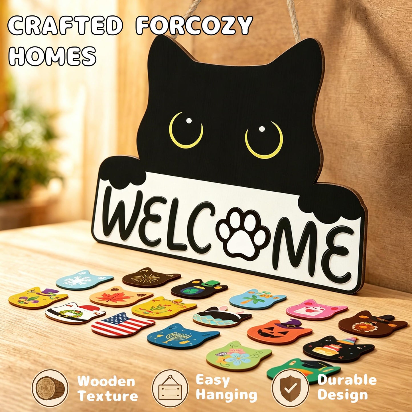 ZenDecor Cute Cat Interchangeable Welcome Home Sign for Front Door, Farmhouse Wooden Door Hanger with 18 Seasonal Icons, Porch, Entryway & Wall Decor, Housewarming Gift