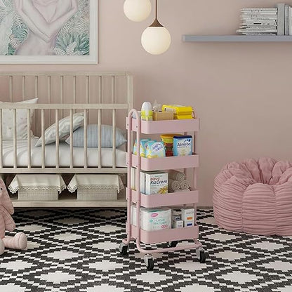 4 Tier Metal Rolling Cart Pink Utility Cart with Wheels,Rolling Pink Cart for Office,Home,Kitchen,Garden（13.4"x18.1"x40"）
