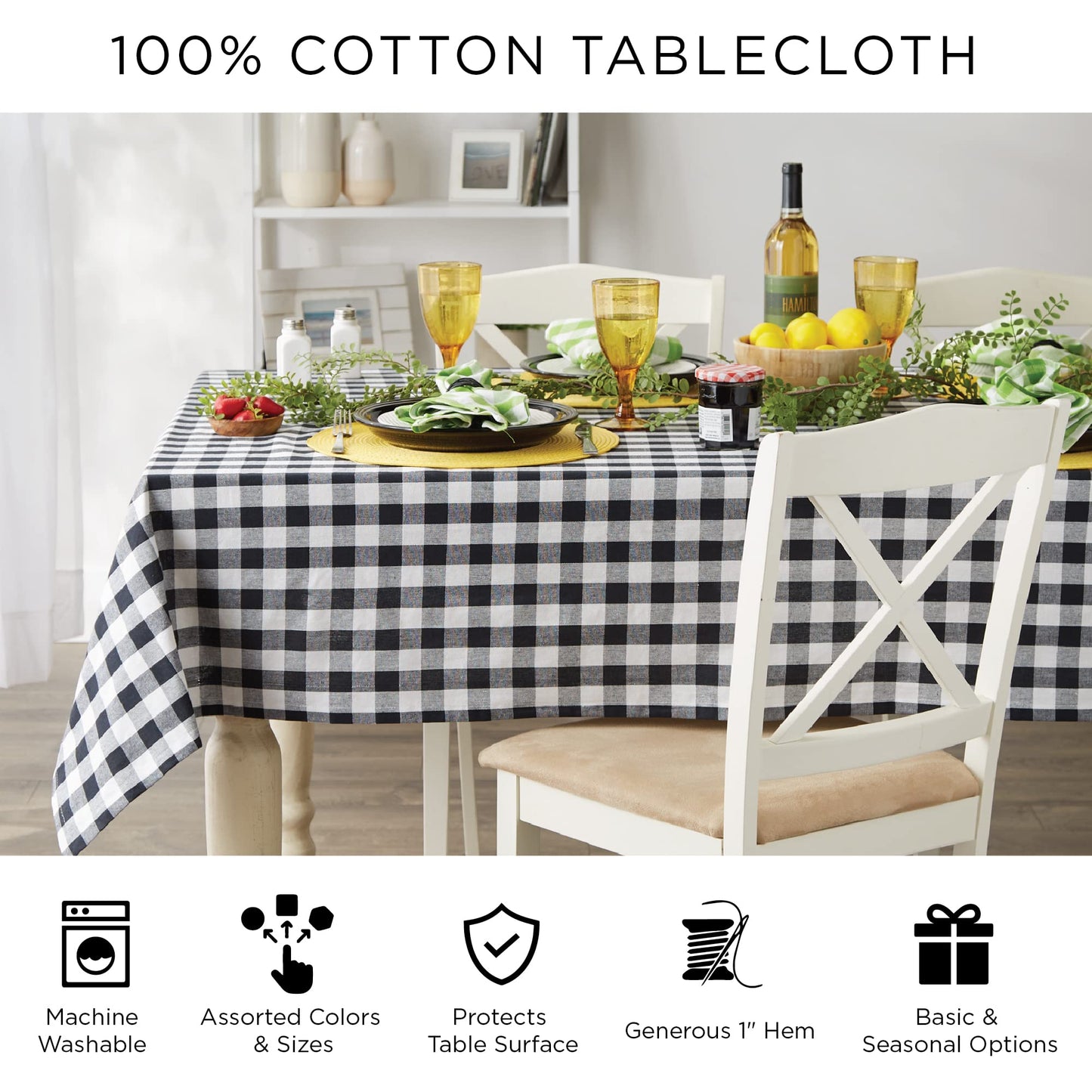 DII 100% Cotton, Machine Washable, Dinner, Summer & Picnic Tablecloth, 60 x 84, Red, White and Blue Check, Seats 6 to 8 People