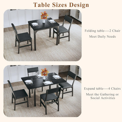 HUAHUU Dining Table Set for 4, Extendable Kitchen Table Cushion Chairs Set of 4, Rectangle Dining Table with Metal Frame & MDF Board, Folding for Small Apartment Saving Space, Black