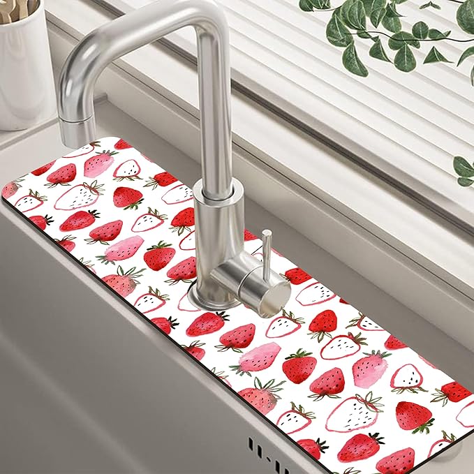 Watercolor Strawberry Kitchen Sink Splash Guard Absorbent Fast Drying Mat