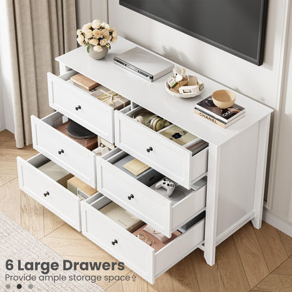 Garvee 6 Drawer Dresser for Bedroom, 47.2" Wide Modern Large Chest of Drawers with Metal Knobs, Wooden Clothes Storage Organizer for Closet, Nursery, Living Room, Apartment, White