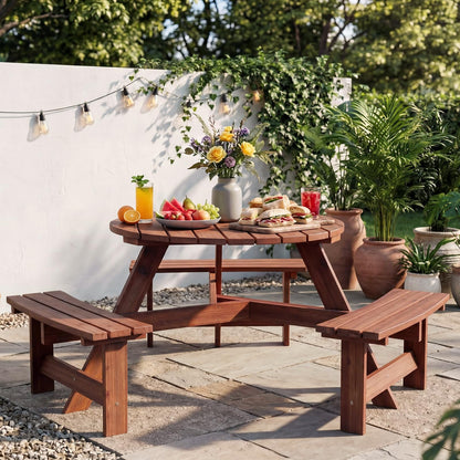 Garvee 6 Person Wooden Picnic Table, Outdoor Picnic Tables with 3 Built-in Benches, Circular Camping Dining Table and Chairs Set with Umbrella Hole for Garden, Patio, Backyard, Walnut Brown