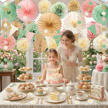 Ycitusi 33Pcs Boho Party Decorations | Sage Green & Peach Pink Photo Backdrop Set | Paper Fans, Tissue Pom Poms, Honeycomb Balls Garlands for Woodland Birthday, Neutral Baby Shower, Rustic Wedding