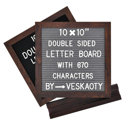 Double Sided Felt Letter Board with 670 Letters, Numbers & Symbols - 10 x 10 inch Changeable Message Board with Wooden Base (Black & Gray)