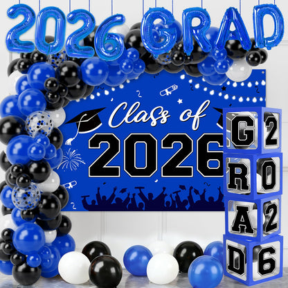 Graduation Decorations 2026, Blue Black Graduation Party Decorations 123pcs Balloon Boxes with Letters, Balloon Arch Kit and Backdrop for 2026 Grad Decor Class of Party Supplies