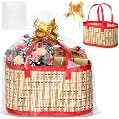 Reallnaive 1 Set Empty Gift Baskets to Fill, Elegant Bamboo Woven Basket with Handle, Includes Cellophane Wrap Bag and Pull Bows, Foldable DIY Gift Basket Kit for Baby Shower, Raffle, Gifts