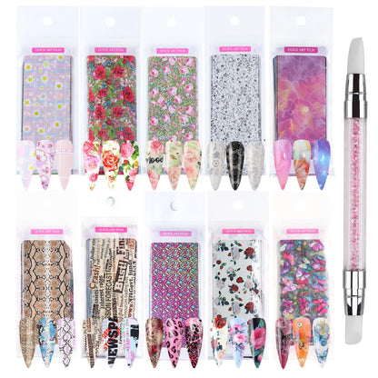 GZMAYUEN 100 Sheets Nail Foil Transfer Sheets, 4 * 20CM Lace Flower Leopard Print Nail Foil Transfer Sticker Kit, 1 Pcs Nail Art Engraving Pen Silicone Pen