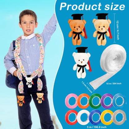 Conagel 89 Pcs Graduation Stuffed Bear Candy Lei Making Kit Included 55 pcs 66 ft Candy Lei Tubing Mesh Bags 10 Colors Ribbon 24 Graduation Bears for DIY Graduation Wreaths Party Favors