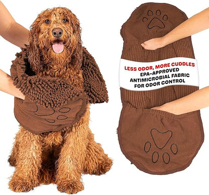 Dog Gone Smart The Dirty Dog Shammy - Antimicrobial Microfiber Dog Towel for Odor Control, Fast-Drying Plush, Dual Hand Pockets & Elastic, Super Absorbent, Machine Washable, 31 x 13 in, Brown