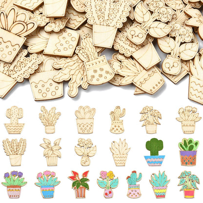 Gythara 100 pcs Mixed Styles Cactus Potted Theme Unfinished Wood Cutout Charms Tropical Desert Plant Flower Wood Slices for DIY Painting Art Craft Home Party Decor Embellishments
