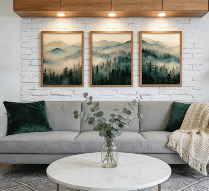 Framed Misty Mountain Forest Wall Art Set, Mordern Calming Pine Forest Oil Painting Canvas Prints, Smoky Mountain Landscape Wall Decor, Green Natural Scenery Poster for Living Room Bedroom Office