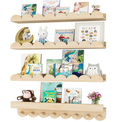 CLLASOU 24 Inch Floating Shelves for Wall, 4-Pack Nursery Book Shelves with Hooks, Scalloped Shelves, Wall Book Shelves for Kids Room, Baby Room, Bedroom, Nursery Decor