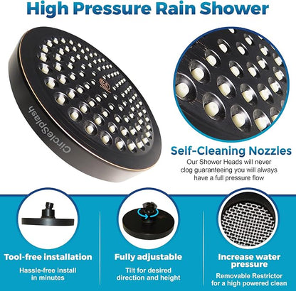 High Pressure Shower Head - Anti-Clogging Silicone Nozzles 2.5 GPM Removable Restrictor - Easy to Clean and Install - Includes Plumbers Tape - 6 inch - (Oil Rubbed Bronze 2.5GPM)