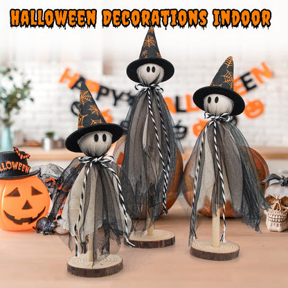 Halloween Decorations Ghost Shelf Sitters – Set of 3 Wooden Halloween decor with Witch Hats – Fabric Ghost Figures with Spiderweb Design – Table Decor for Tiered Tray, Mantel, Party Supplies(Black)