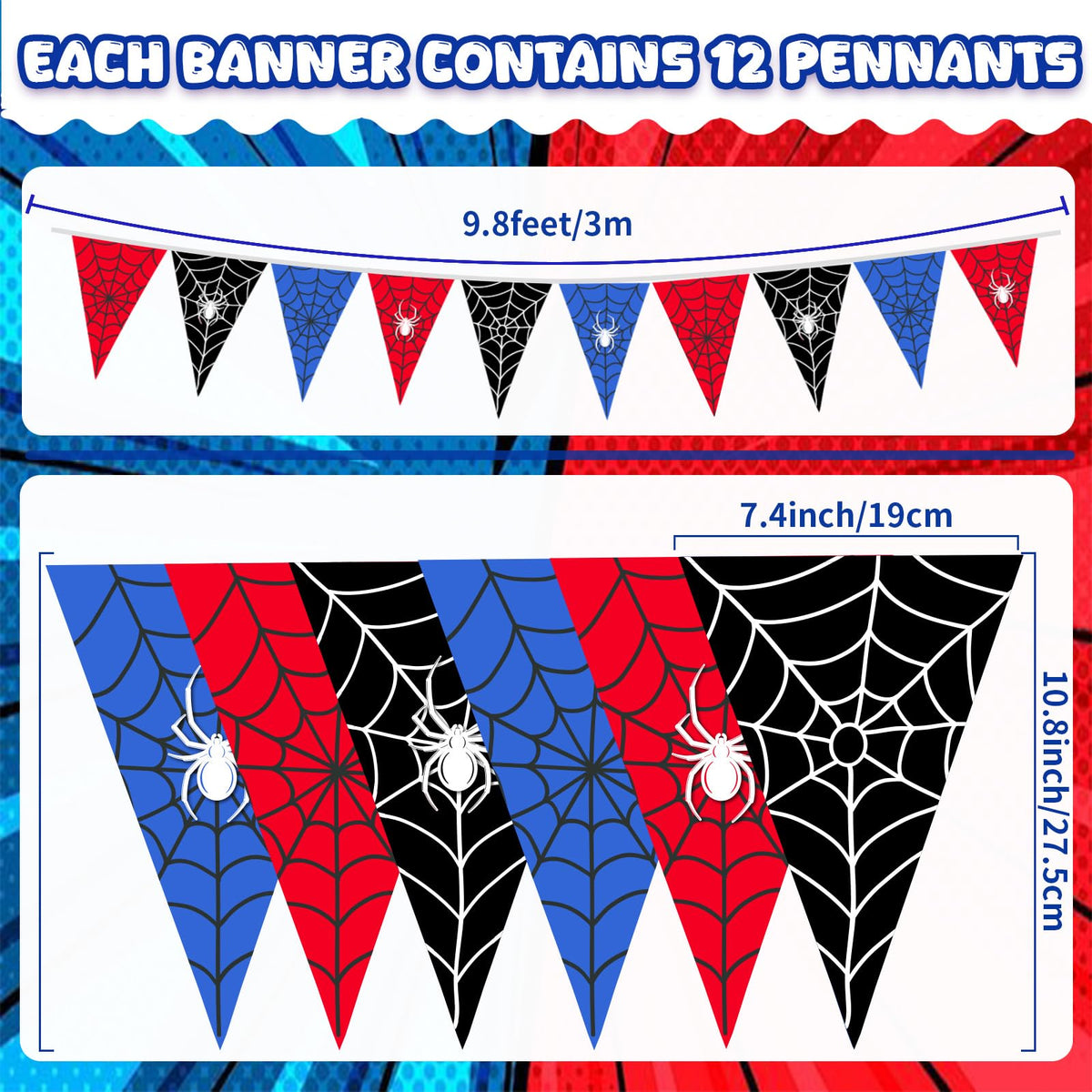 Gilprop 49.2 Ft / 60 Pieces Spider Web Party Decorations Pennant Banner Triangle Flags Garland Bunting Banner for Birthday Gender Reveal Wedding Baby Shower Decor Supplies (Red Blue Black)