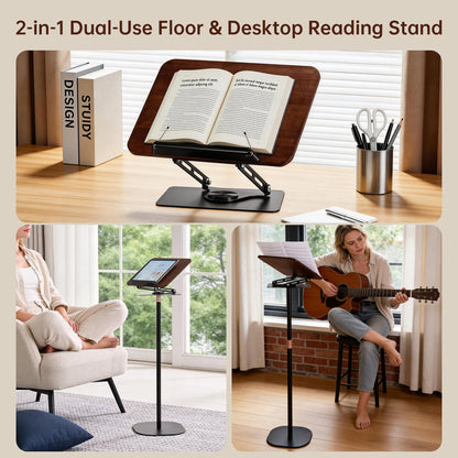 2-in-1 Floor & Desktop Book Stand, Dual-Use Height Adjustable 19"-62.2", Reading Stand Holder with 360° Rotating Base & Page Clips for Music Sheet, Laptop, Podium, Cookbook, Projector, 100% Solid Wood