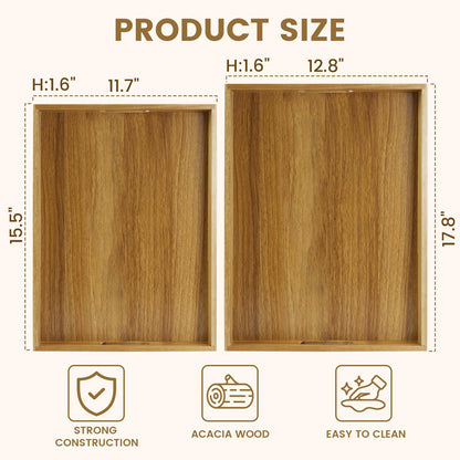 Serving Tray with Handles, Acacia Wood Serving Platters, Set of 2 Rustic Decorative Storage Tray for Coffee Table, Party, Ottoman, Kitchen, Bedroom, Bathroom, Ideal Housewarming Gift