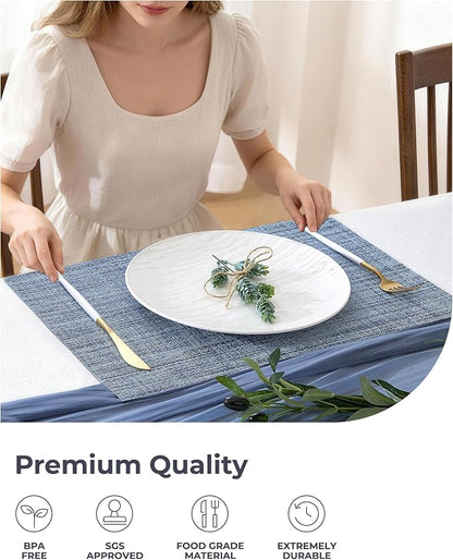 Leetaltree Deep Navy Woven Placemats Set of 6 - Heat Resistant Non-Slip Place mats for Dining Table, Washable Durable PVC Vinyl Woven Table Mats(Deep Navy, 6)