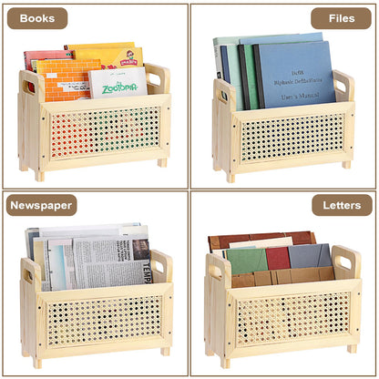 BTSKY Wooden Magazine Rack with Built-in-Handle, Desktop Magazine Holder Modern Rattan Hollow-out Design Mail Organizer, Assembly File Holder Letter Holder Floor Rack for Home & Office, Natural