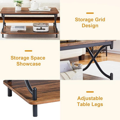 VECELO Coffee Table for Living Room with Round Corners Modern Farmhouse Center Table with Storage Shelf for Home Office 39 Inch, Easy Assembly, Retro Brown