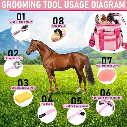 Cunhill 9 Pcs Horse Grooming Kit Tack Room Supplies Set with Tote Bag, Oval Massage Curry, Hard and Soft Brush, Hoof Pick, Sweat Scraper, Bathing Sponge, Comb for Horse Rider(Classic,Pink)