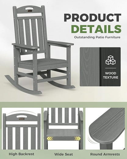 Oversized Outdoor Rocking Chair Set of 4, High Back Porch Rocker Chair, HDPE Rocking Chairs for Patio, Living Room, Light Grey
