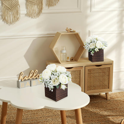 Suncalla 6 Sets Artificial Peonies Flowers Table Centerpieces with Wooden Cube Planter Box Wedding Floral Arrangement 4 x 4 Square Wood Vase for Bridal Party Home Table Decor(White)