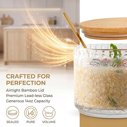 YORY 14oz Vintage Glass Mugs with Bamboo Lids & Spoons, 4-Pack gift set | Perfect for Overnight Oats, Yogurt, Coffee Tea , Kitchen, Housewarming ,women