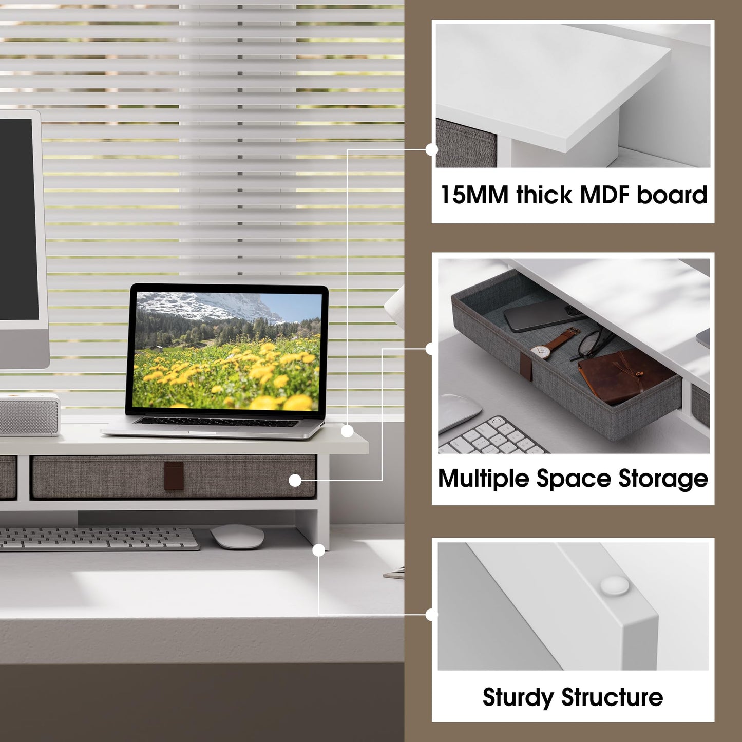 Fenge Monitor Stand with Drawer, 2 Tiers Dual Monitor Riser for Desk, 35 Inch Computer Stand for 2 Monitors, Desk Shelf for Home, Office, Laptop, PC, TV, Printer