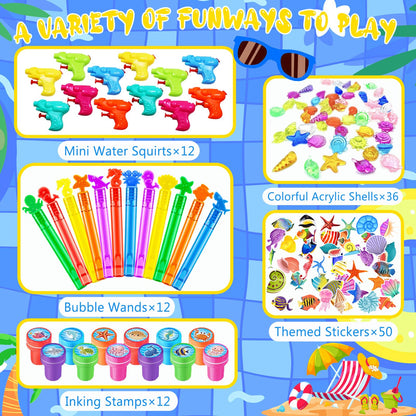 Pool Party Favors and Beach Party Favors,158PCS Summer Pool Toys for Kids, Undersea theme decoration, Including Beach Balls, Sunglasses, Bubble Wands, Stamp and Crystal Shells for Kids Ages 4-8 8-12