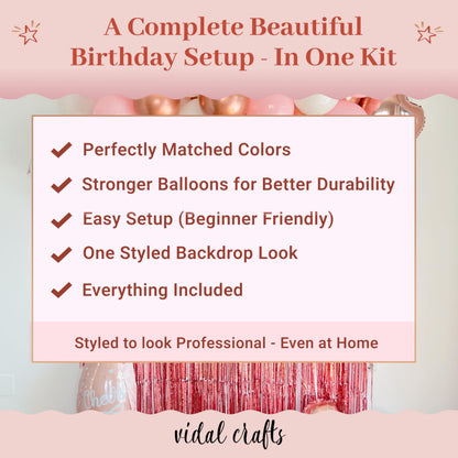 VIDAL CRAFTS 71-Piece Rose Gold Birthday Decorations for Women - Party Backdrop with Latex, Foil & Confetti Balloons, Happy Birthday Decorations Banner & Rose Gold Foil Fringe Curtains