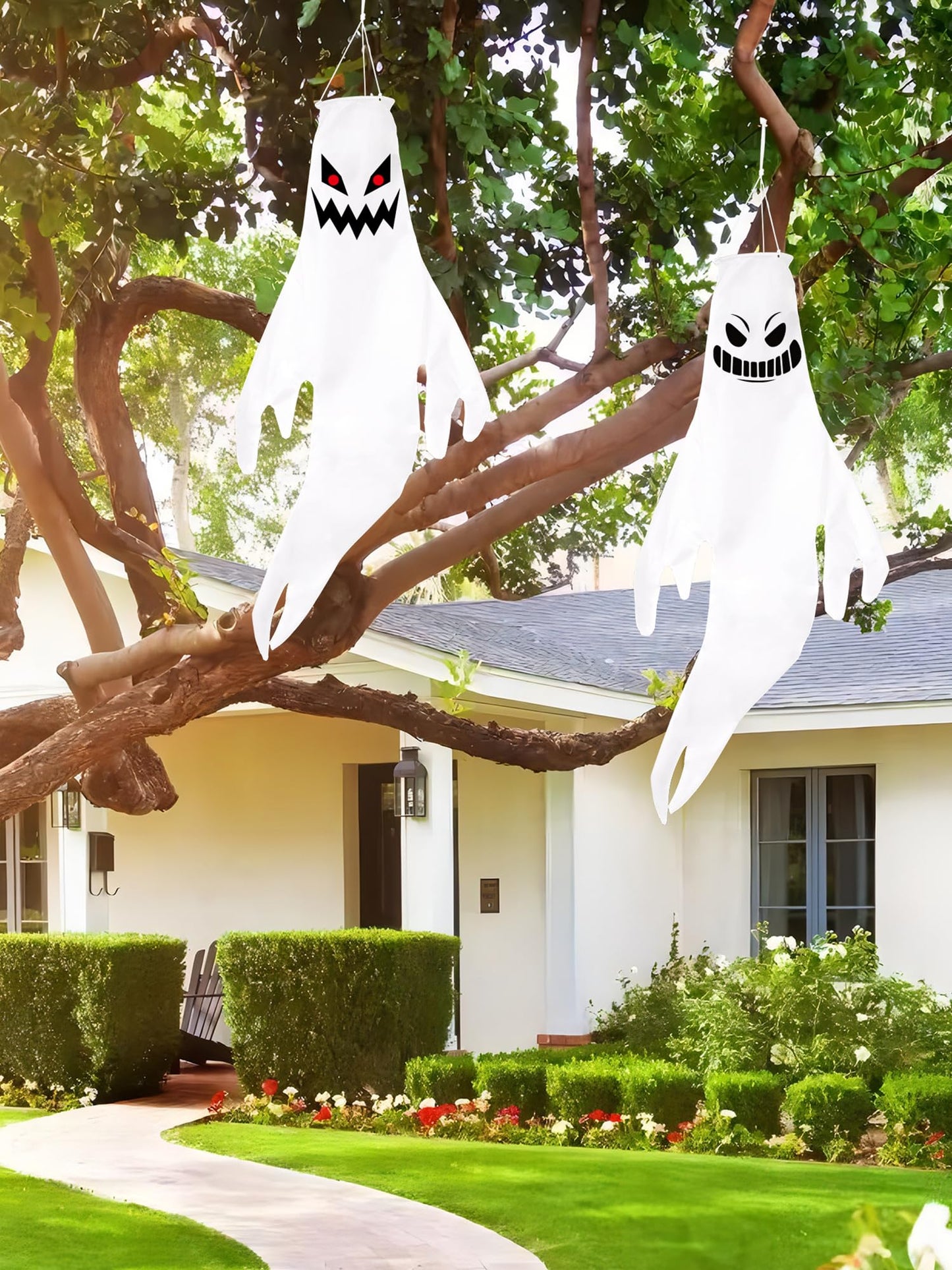 Geefuun 2PCS Halloween Fierce Ghost Windsocks Hanging Decorations - 43 Inch Flag Wind Socks for Home Yard Outdoor Decor Party Supplies