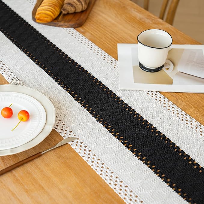 FEXIA Boho Table Runner for Summer Home Decor with Tassels 36 Inches Long Farmhouse Rustic Black Gothic Table Runner Macrame Gothic Burlap Table Decoration for Kitchen Living Room (12x36 Inches)