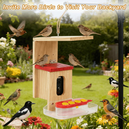 Hummingbird Feeder with Camera Solar Powered, Outdoor Hanging Wooden Smart Hummingbird Feeder, Real-Time View & Motion Detection, for Garden for 2.4g WiFi Coverage Area, for Bird Lovers