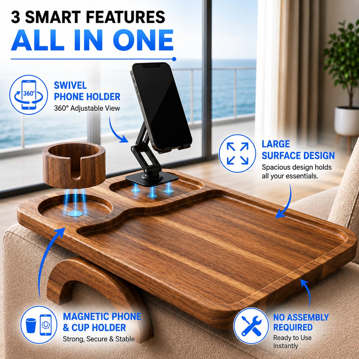 Nesture Living Couch Armrest Table with Cup Holder (15.31" x 9.65") - Acacia Sofa Arm Tray Organizer with Magnetic & 360° Rotating Phone Holder - Fits Couch Arm for Drinks, Snacks & Remote Control