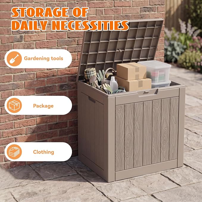 35 Gallon Package Delivery Boxes for Outside, Resin outdoor storage bin with a wood-grain pattern, Storage Cabinet for Parcel Shipping & Storage