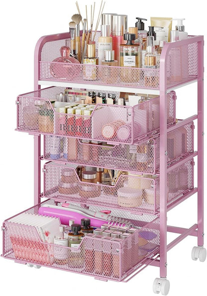 Hongtamoya Makeup Cart Organizer with 4 Drawers, Large Floor Skincare Organizers, Vanity Storage Organizer Cosmetics Display Cases for Skin Care Perfume Nail Polish, Pink