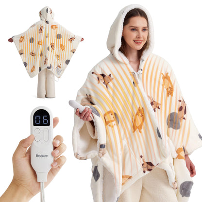 Bedsure Heated Blanket Wearable Shawl - Electric Wrap Poncho Blanket Hoodie for Adult, Birthday Gifts for Mom Women, Sherpa Heating Throw with 4 Time Settings & 6 Heat Settings, 55x64 inches, Grey