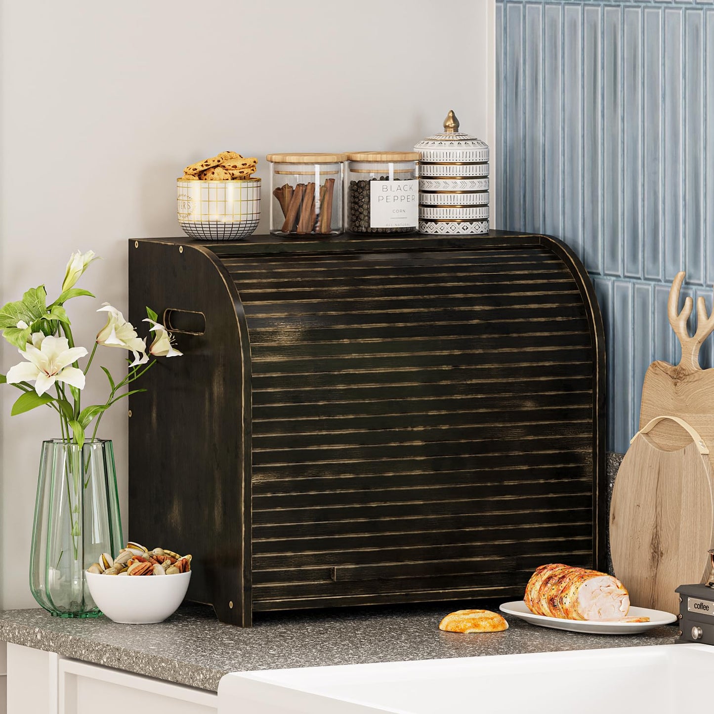 Trironsun Bamboo Roll Top Bread Box for Kitchen Countertop Large Capacity Bread Storage Bin 2 Layer Wooden Bread Storage Organizer Natural Breadbox for Food Storage (Antique Black)