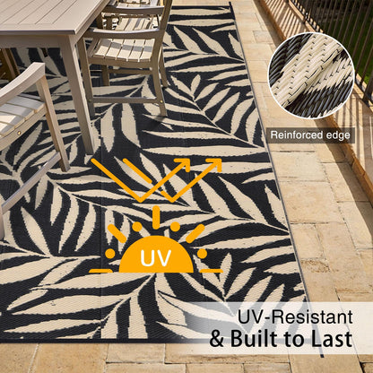 OLANLY Waterproof Outdoor Rug 6x9 ft, Reversible Outdoor Plastic Straw Rug with Leaf Pattern, RV Mat, Indoor Outdoor Carpet for Patio, Camping, Balcony, Deck, Backyard, Black & Beige