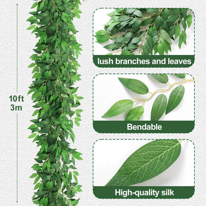 Suncalla 2 Pcs 10 Feet Artificial Vines Garland Faux Italian Ruscus Vine Twigs Silk Green Leaves Greenery Garland for Wedding Table Centerpieces Arch Decor Party Room Home Garden Office Wall Decor