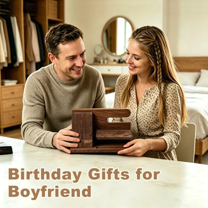 Iswabard Gifts for Men Wood Phone Docking Station Birthday Gift for Men Valentines Day Gifts Father Gift for Him Boyfriend Nightstand Organizer Desktop Phone Stand