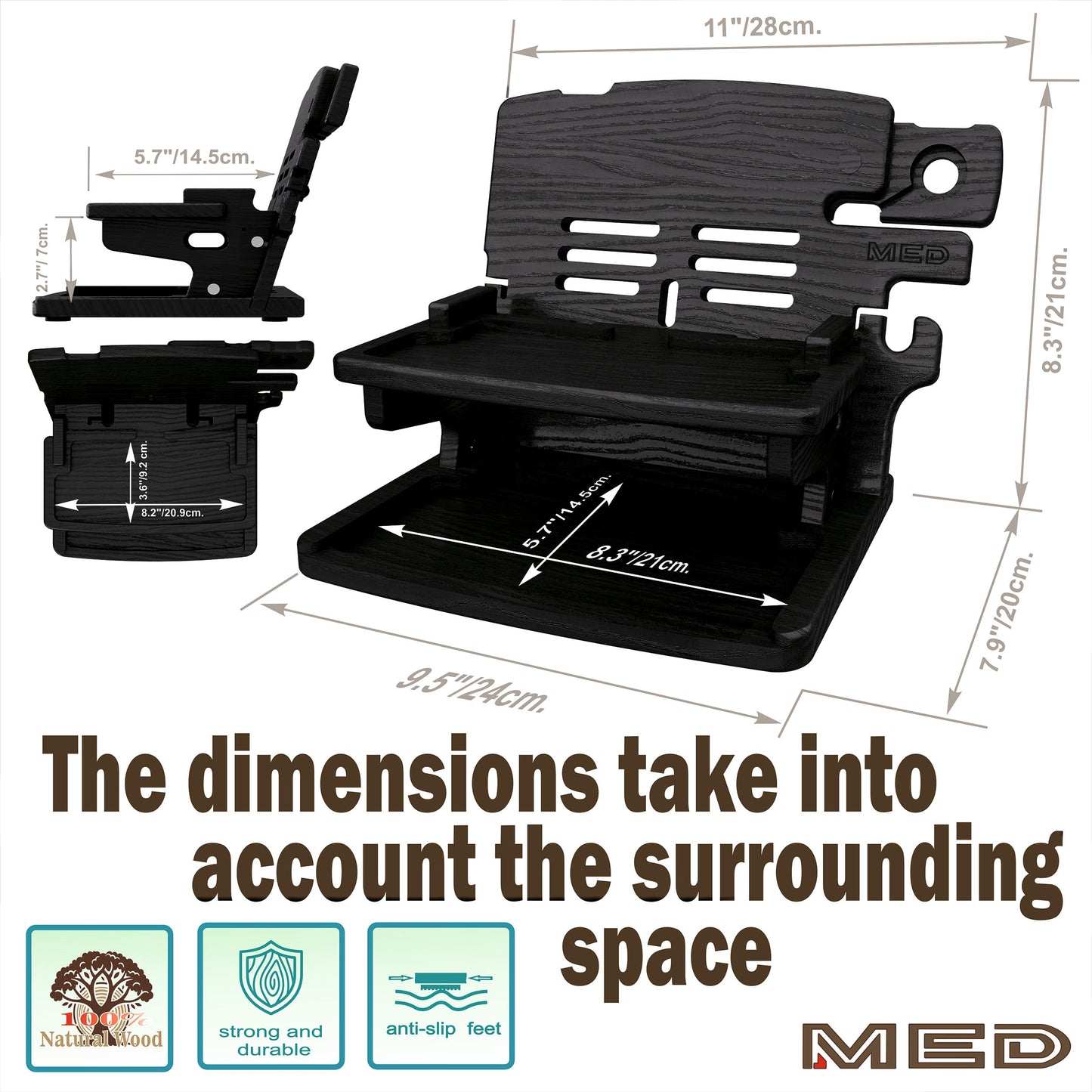MED Wood Phone Docking Station for Men – Nightstand Organizer & Charging Station for Multiple Devices – Birthday Gift for Husband Dad, Father's Day – Holds Phone, Watch, Wallet, Keys (Black)