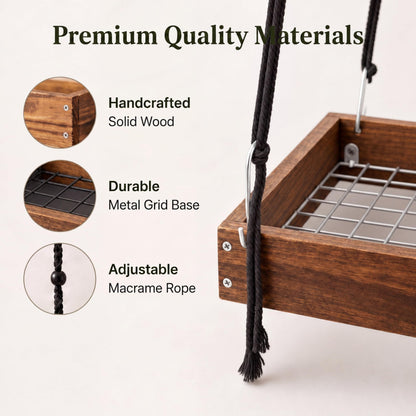 Novabright Hanging Window Plant Shelf, 16 Inch Wooden Macrame Style Shelf with Metal Grid Frame, Adjustable Cotton Rope Indoor Holder for Window, Wall or Ceiling, 50 lb Capacity